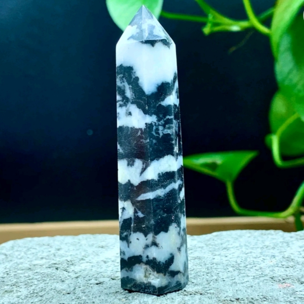 NWT 37g Natural black white zebra quartz 4 Sided Upright obelisk crystal pillar